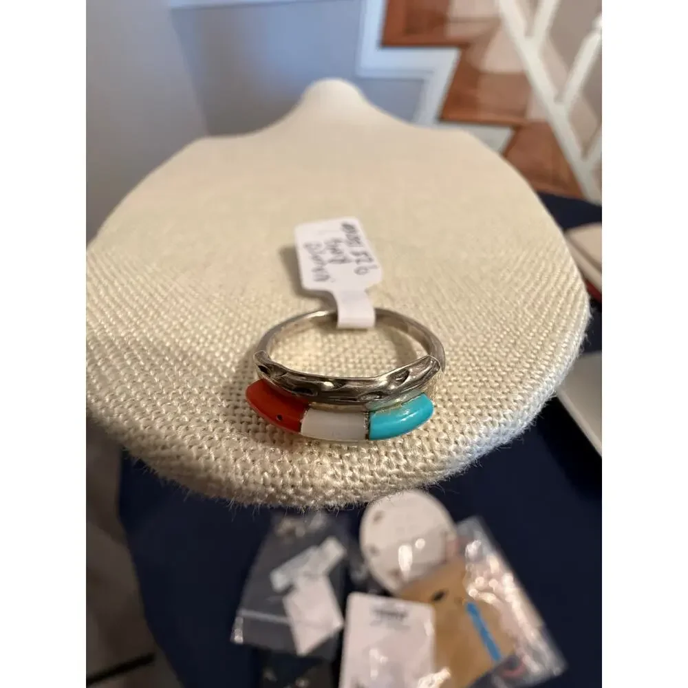 Vintage Zuni Signed Gus & Lorie Panteah Sterling Silver Inlay Ring Size 5.25